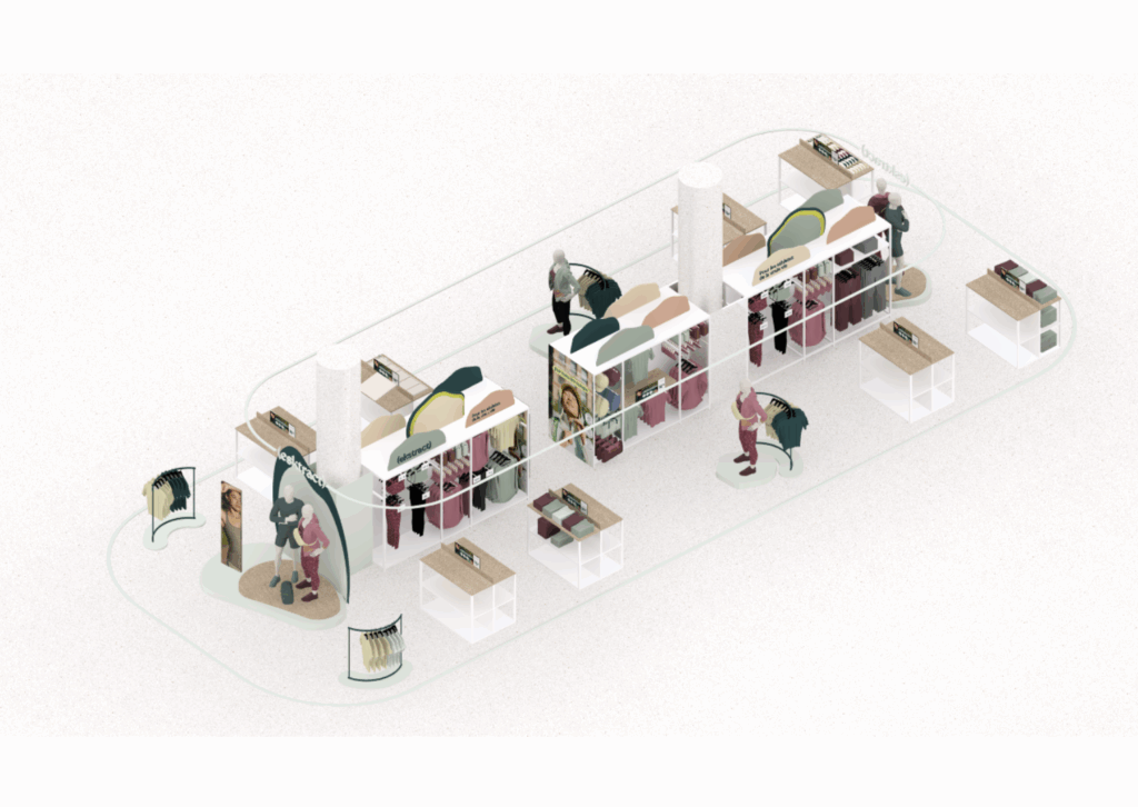 Plan 3D en axonométrie du corner Ekstract conçu pour Kiabi