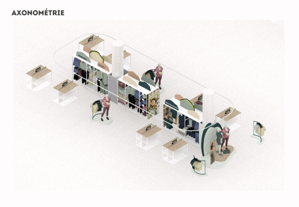 Vue 3D de l'aménagement complet du corner Ekstract avec zones homme et femme
