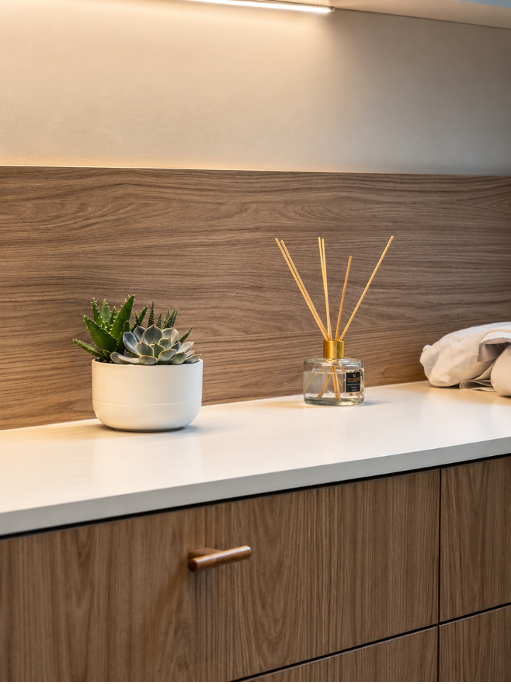 Détail Cabinet de médecin généraliste avec plan de travail en bois et poignées laiton à Faches-Thumesnil