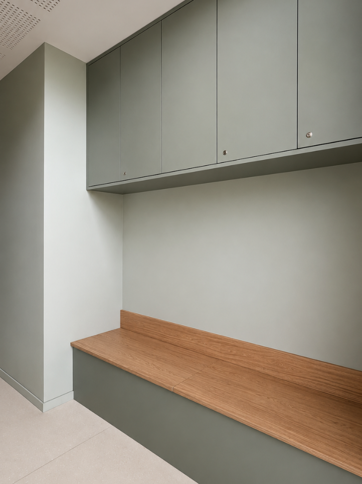 Zone d'attente avec rangements vert sauge et banquette bois dans une maison médicale